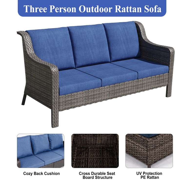 Travor 3 Piece Patio Set Rattan Outdoor Furniture Set with Cushions