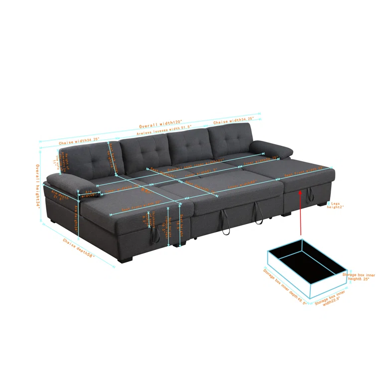 Allan 120” Sectional Sofa Couch Sleeper Bed With Storage Double Reversible Chaise