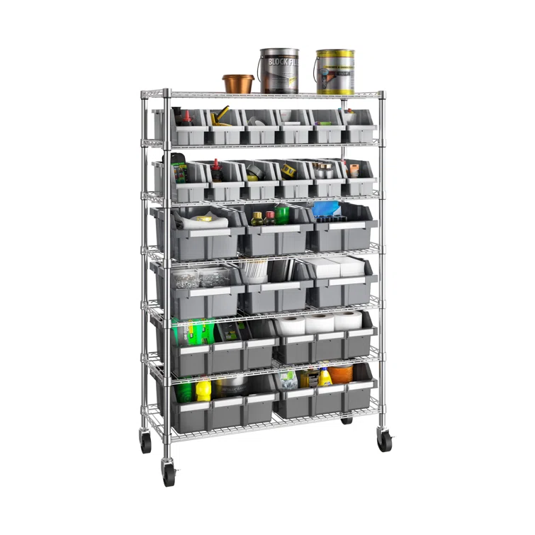 36" W NSF-Certified Commercial 7-Tier 22-Bin Storage Rack with Wheels