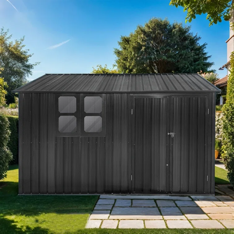 Dark-Grey Metal Garden Shed with Window - Outdoor Storage Facility