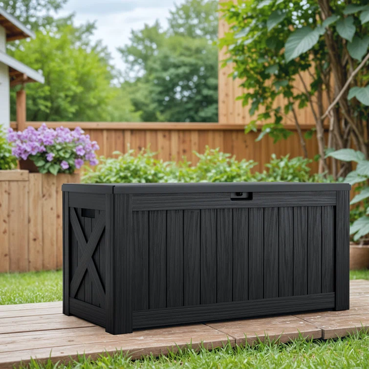 GUNJI 106 Gallon Water Resistant Resin Lockable Deck Box in Black