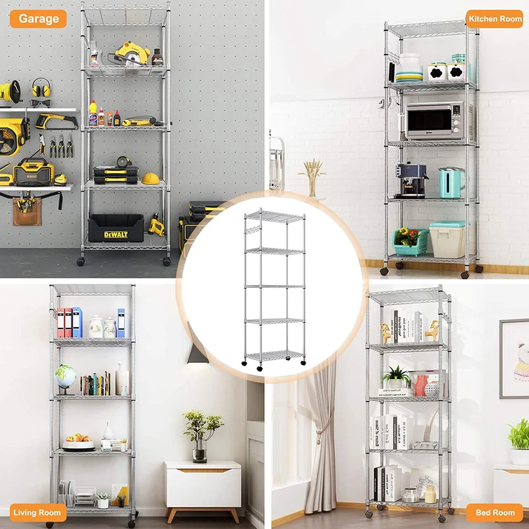Shavon 70.86” Modern Steel Shelving Unit, Chrome Wire Rack With Casters and Feet for Home Organization