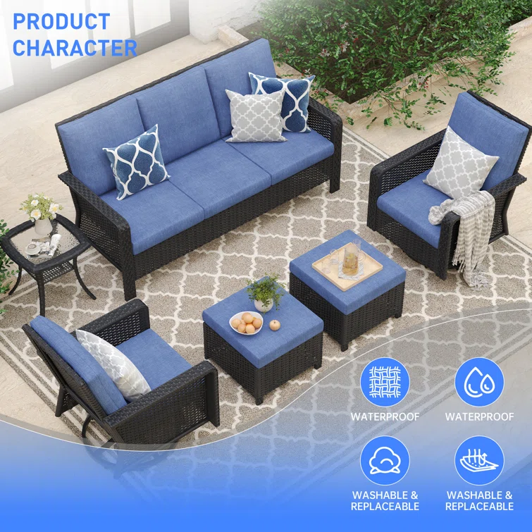 Torgeir 6 Piece Patio Set Rattan Outdoor Furniture Set with Cushions