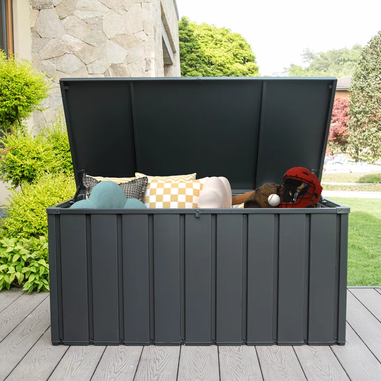 Domi Louvered 120 Gallons Gallon Water Resistant Resin Storage Bench with Lock and Wheels in Gray
