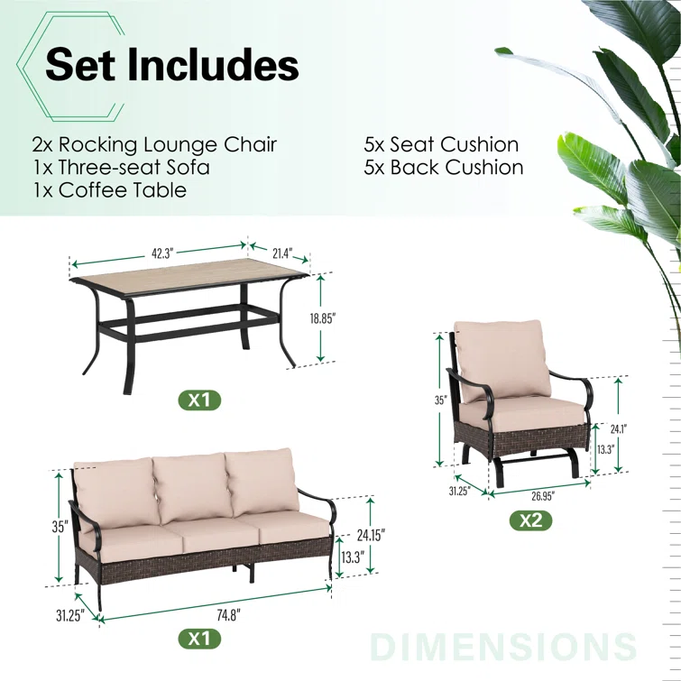 Argyri Outdoor Patio Conversation Set with Rocking Lounge Chairs and Optional Ottomans