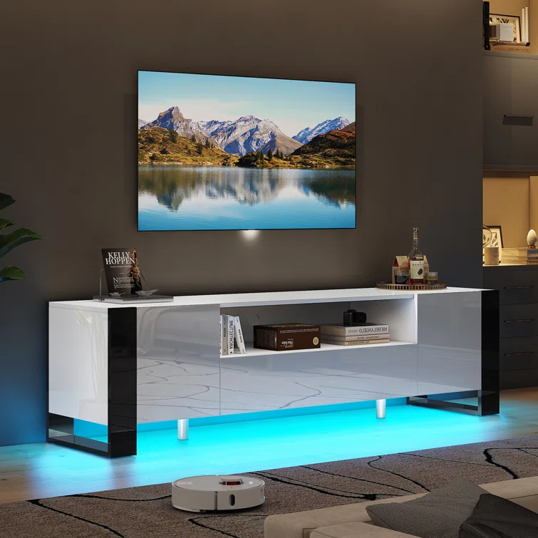 Bhhatu Modern LED TV Stands, 70 Inch TV Console With High Gloss Finish,Entertainment Center With 2 Cabinet Storage Drawer For Living Room, Gaming Room, TV Cabinet For TVs Up To 80