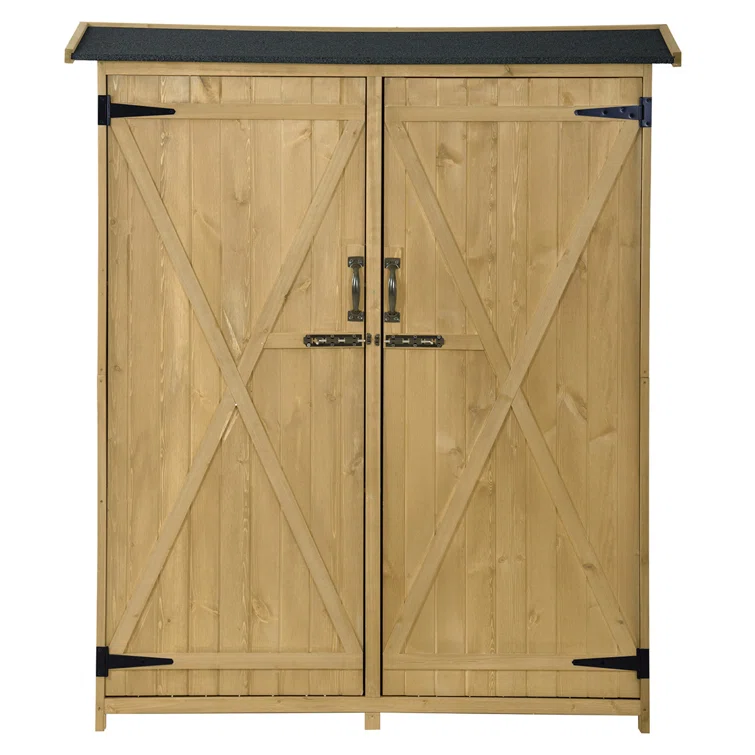 Outdoor Storage Cabinet, Wood Garden Shed, Lockable Doors & Asphalt Roof, 3-tier Shelves