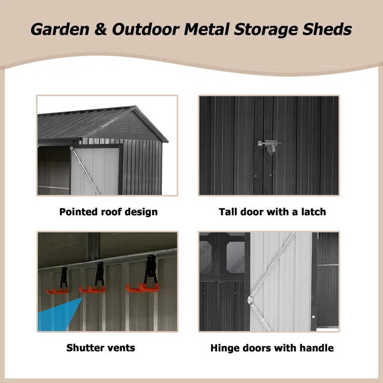 Dark-Grey Metal Garden Shed with Window - Outdoor Storage Facility