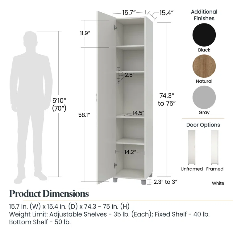 Aleg Single Storage Cabinet ( 74'' H x 15.5'' W x 15.5'' D)
