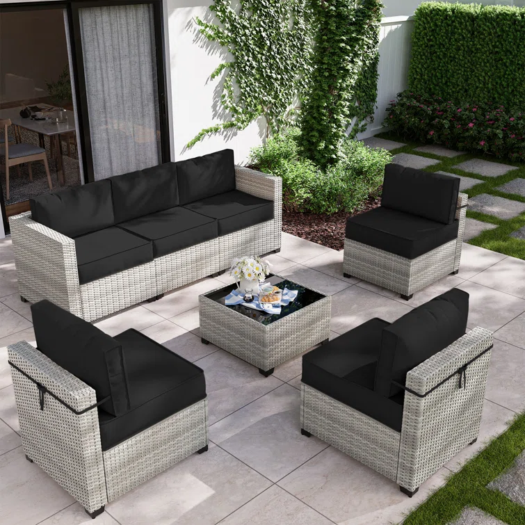7 Piece Rattan Sectional Seating Group With 5-inch Thicker Cushions