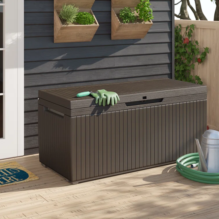 Keter Springwood 80 Gallon Durable Resin Outdoor Storage and Organization Deck Box For Patio Furniture and Supplies, Brown