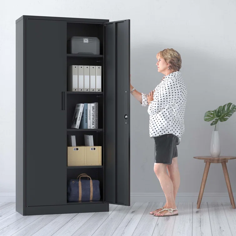 72" Metal Garage Storage Cabinets with Lock,Black Storage Cabinet with Doors and Shelves