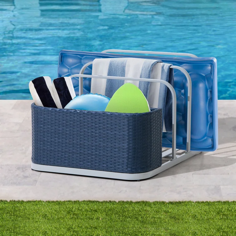 Sunjoy Rust-proof Aluminum Pool Float Storage Rack, 35 Inch Outdoor Wicker Poolside Float Organizer, Pool Float Caddy for Cushions, Floaties, Noodles, Pool Toys