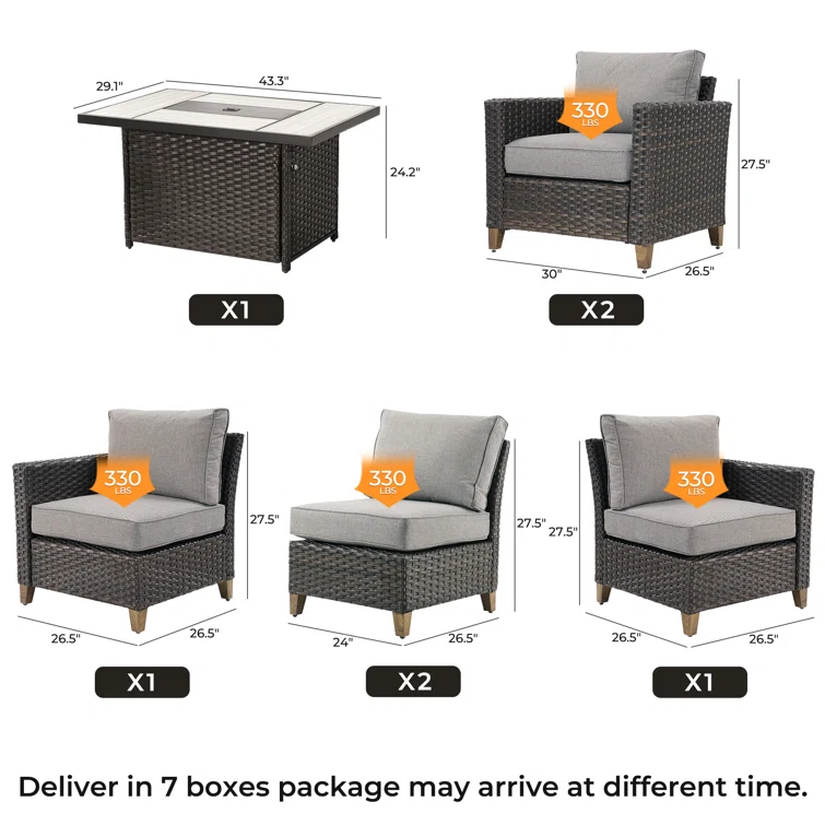 Melbourne 7-Pieces Wicker Sofa Seating Group  with Fire Pit Table Conversation Set