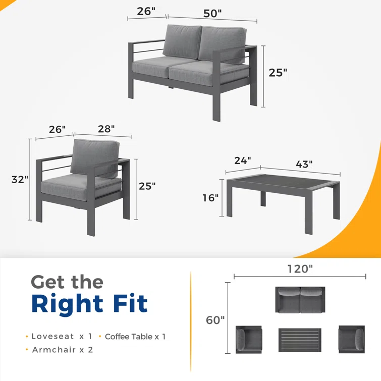 Brandtley Aluminum 4-Person Sofa Seating Group with Cushions