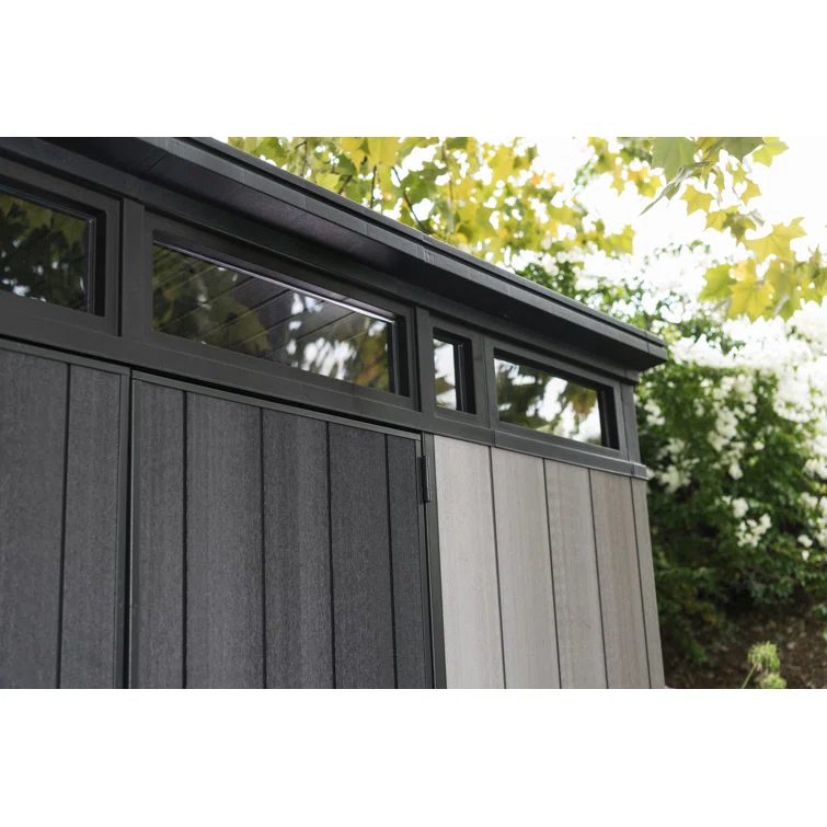 Keter Artisan 9x7 ft. Modern Durable Resin Outdoor Storage Shed With Floor and Double Doors for Garden Patio Furniture and Tools, Grey