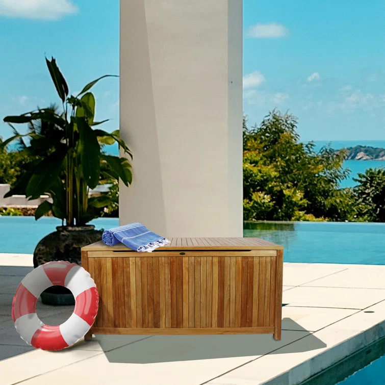 Bay Isle Home™ Everleigh 63'' W Water Resistant Solid Wood Teak Deck Box in Honey Tone Teak