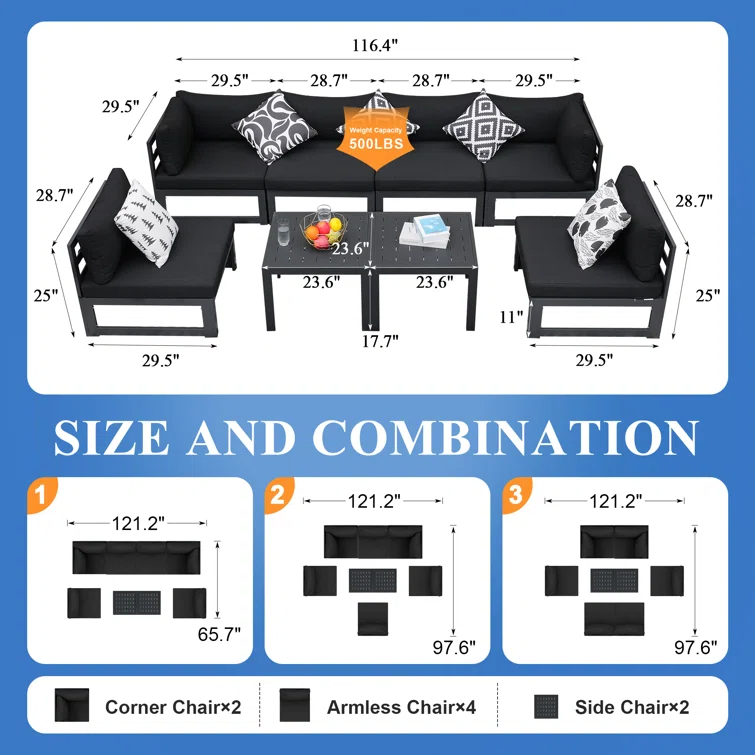 Gilemette 8 Pieces Outdoor Patio Aluminum Sectional Set with Cushions and Table