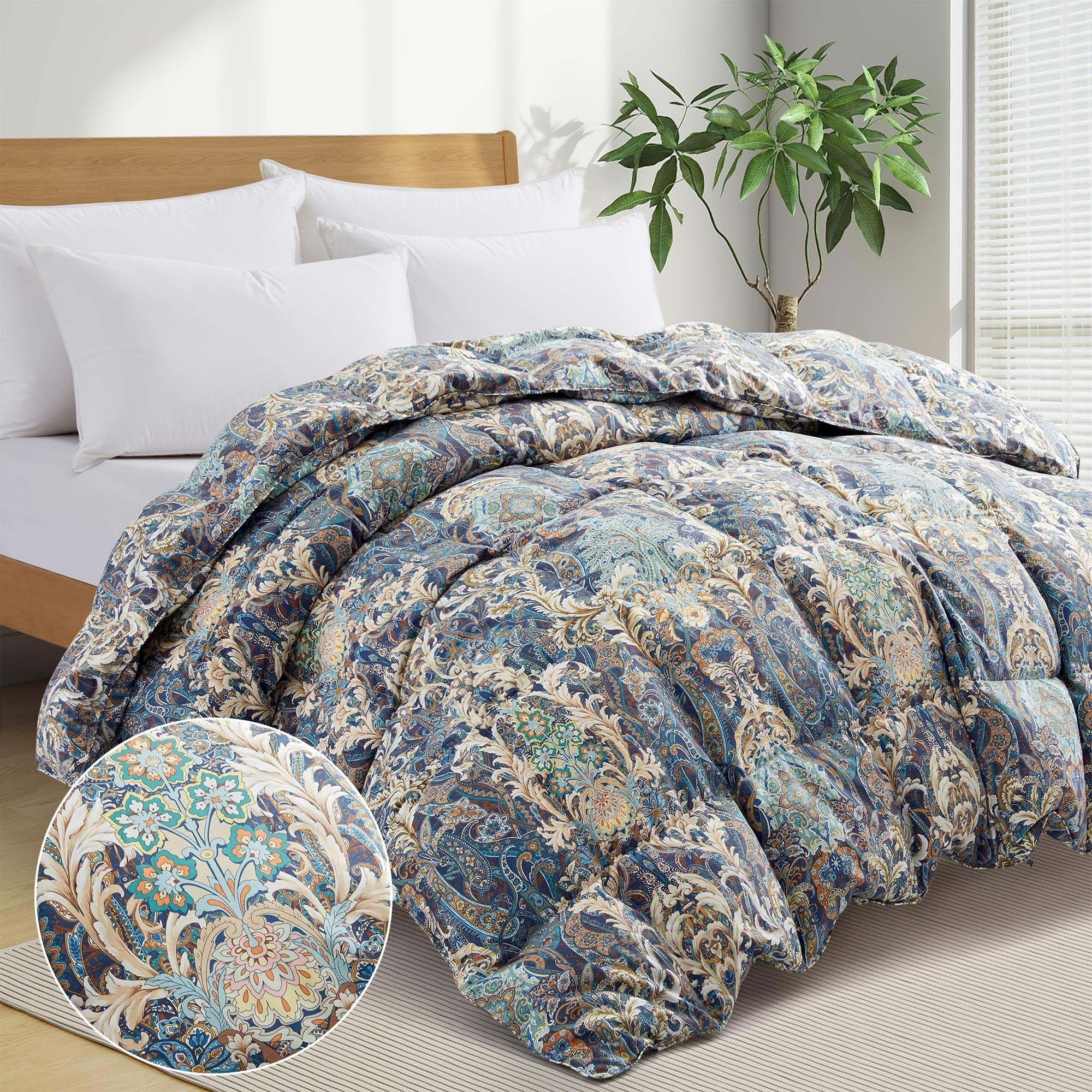 All Season Paisley Floral Printed Vintage White Goose Feather Down Comforter