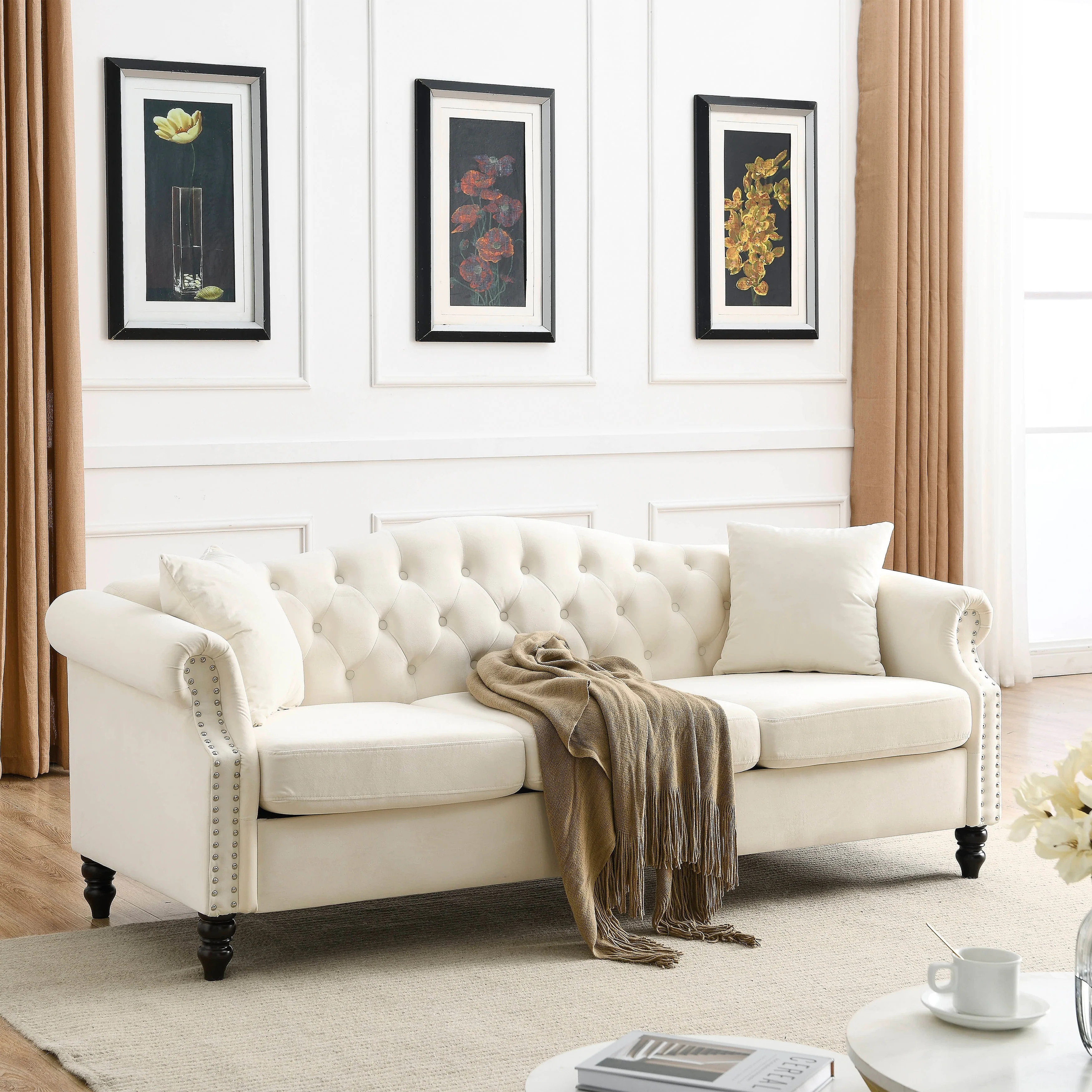 Chesterfield 3-Seater Upholstered Tufted Sofa with Rolled Arms and Nailhead