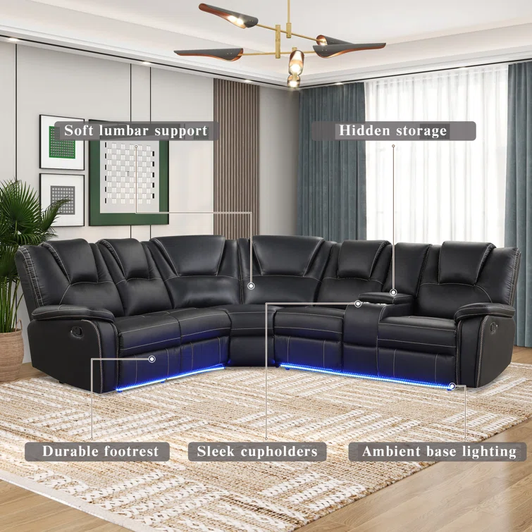 Yaniah Manual Reclining Sectional Sofa Set with LED Strips and Cup Holders
