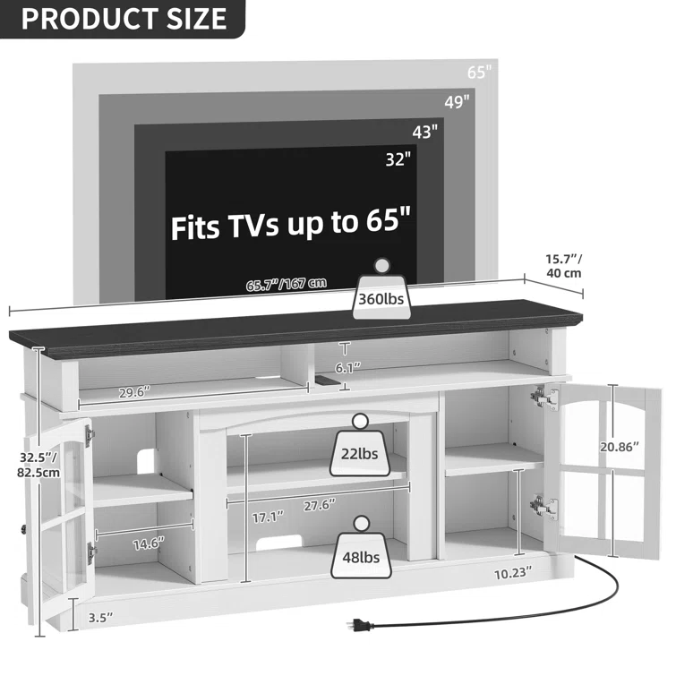 LED Farmhouse Media Entertainment Center Console Table TV Stand  w/Outlets  and Cabinet Glass Door