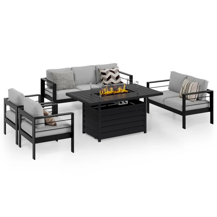 Brandtley 7 - Person Sofa Seating Group with Cushions and Fire Pit Table