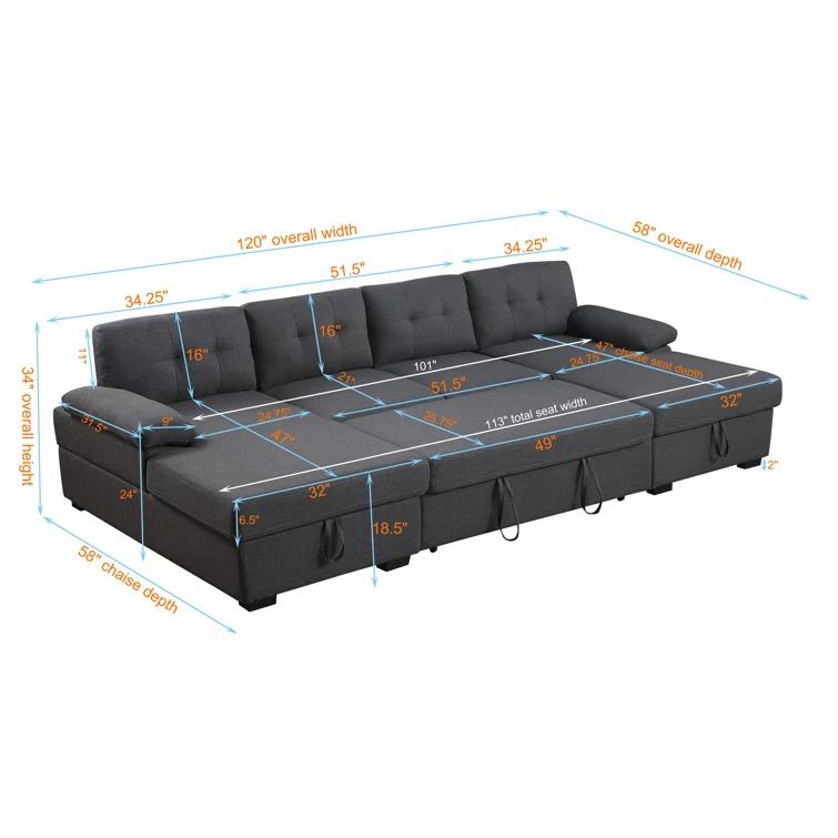 Micia Symmetrical Upholstered Sleeper Sectional Sofa and Chaise