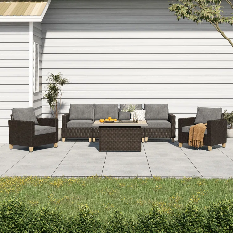 Melbourne 7-Pieces Wicker Sofa Seating Group with Fire Pit Table Conversation Set