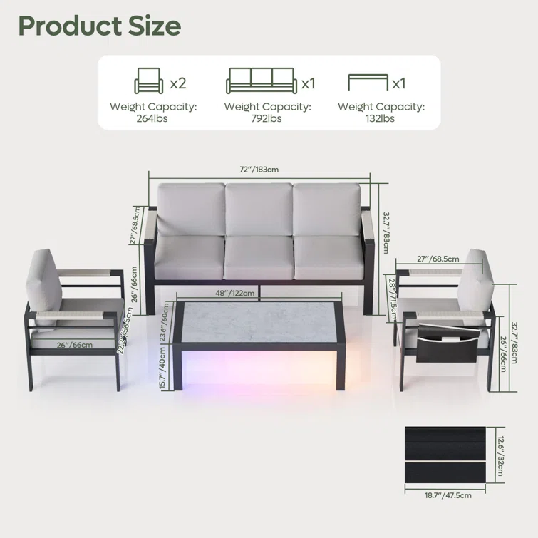 Nell Aluminum 5 - Person Seating Group with Cushions and LED Coffee Table