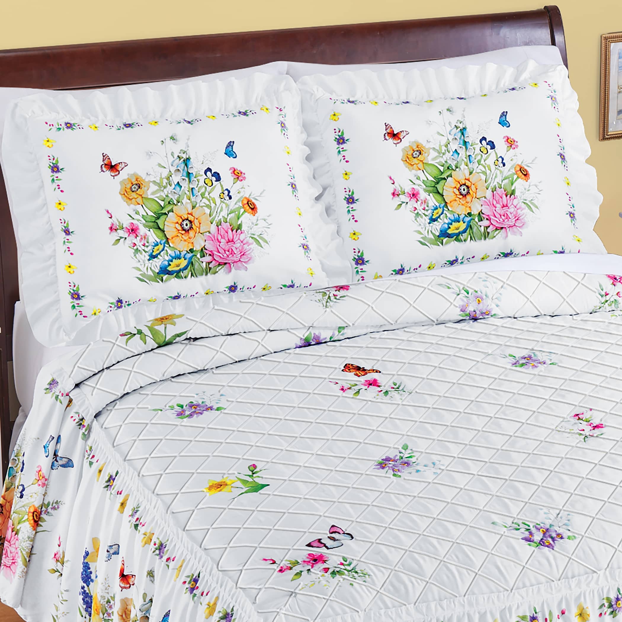 Colorful Poppy and Butterflies Ruffled Edge Pillow Sham