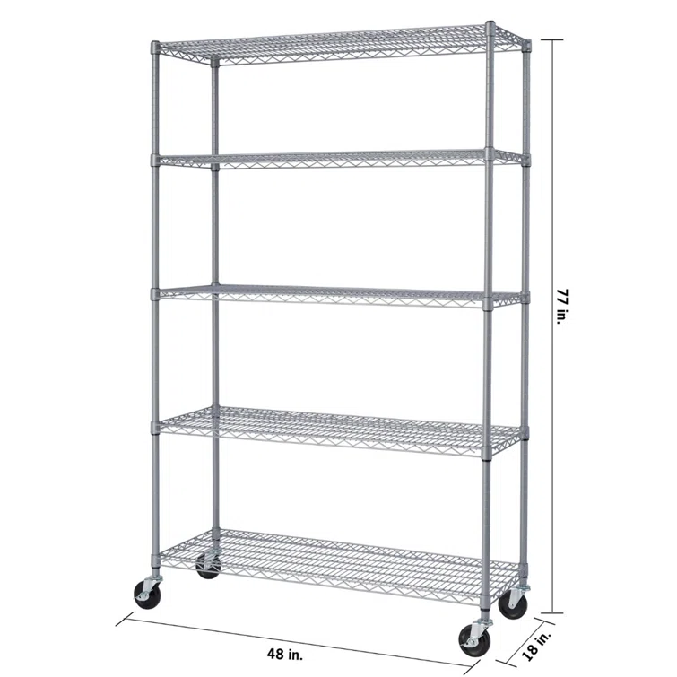48" W x 18" D x 72" H 5 Tier Outdoor Wire Shelving with Wheels