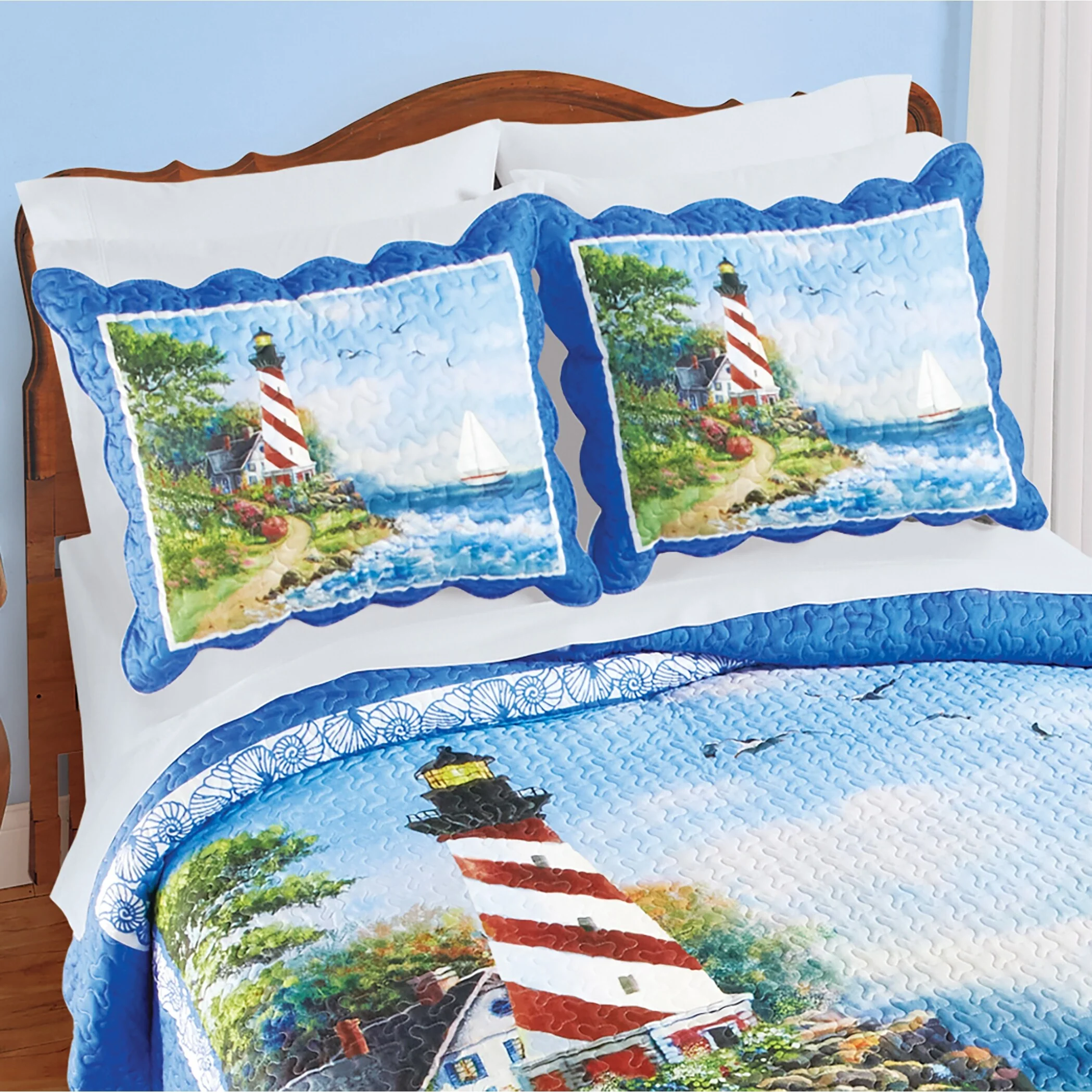 Lighthouse Scene Coastal Scalloped Edge Pillow Sham Set