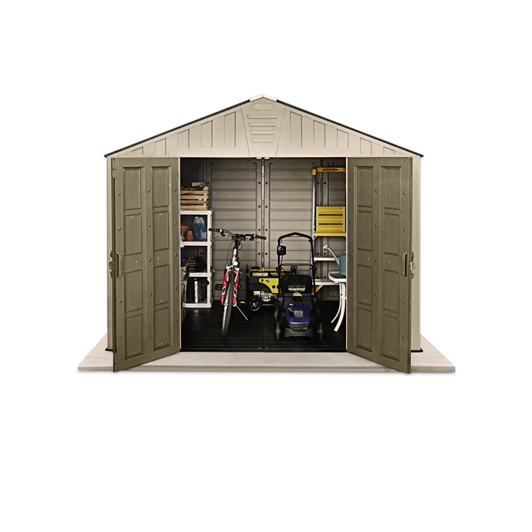 Keter Stronghold 10x8 ft. Durable Resin Outdoor Storage Shed With Floor and Double Doors for Garden Patio Furniture and Tools, Brown