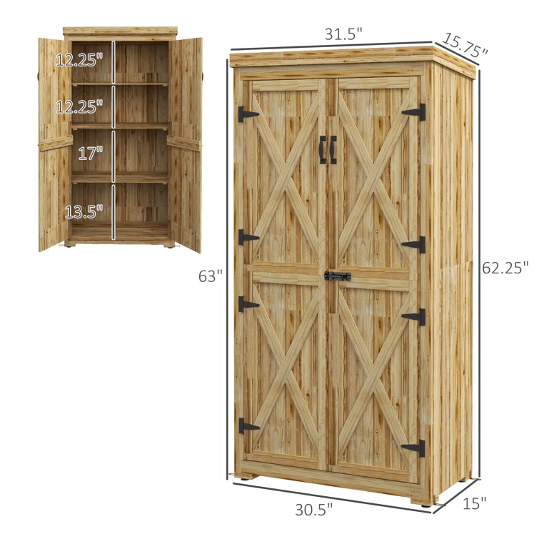Natural Wooden Garden Storage Cabinet w'Galvanized Metal Roof, 3 Shelves,Lockable Door-Waterproof