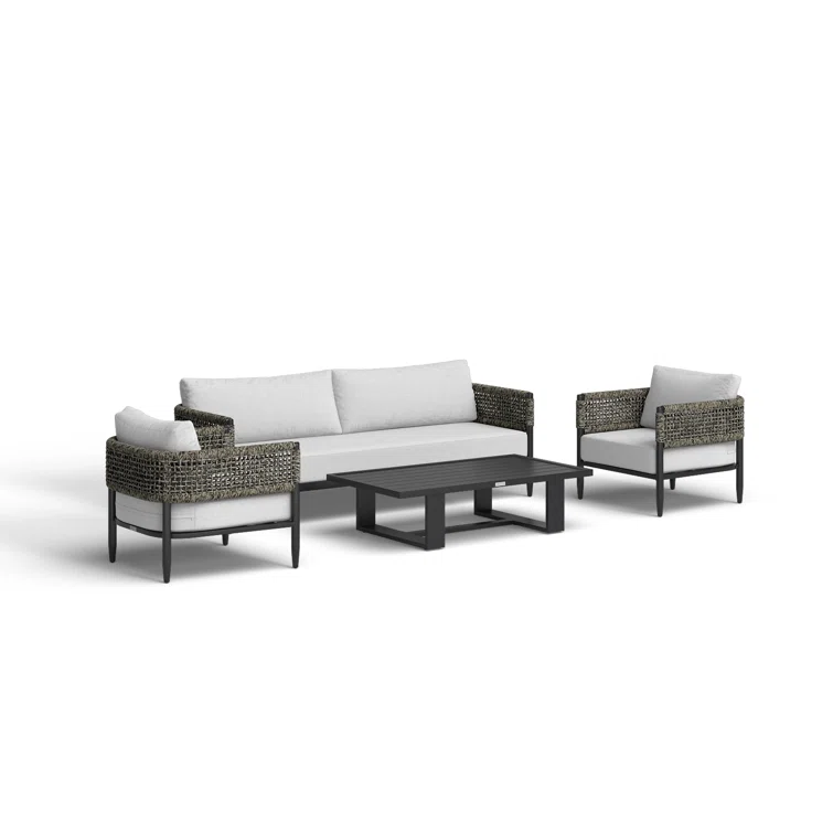 Scotia 4 Piece Outdoor Conversation Set in Black Aluminum and Rope with Light Gray Fabric Cushions