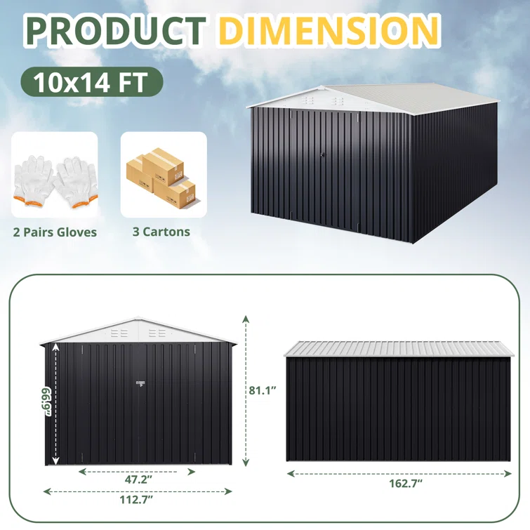 Metal Storage Shed with Updated Frame Structure and Lockable Doors