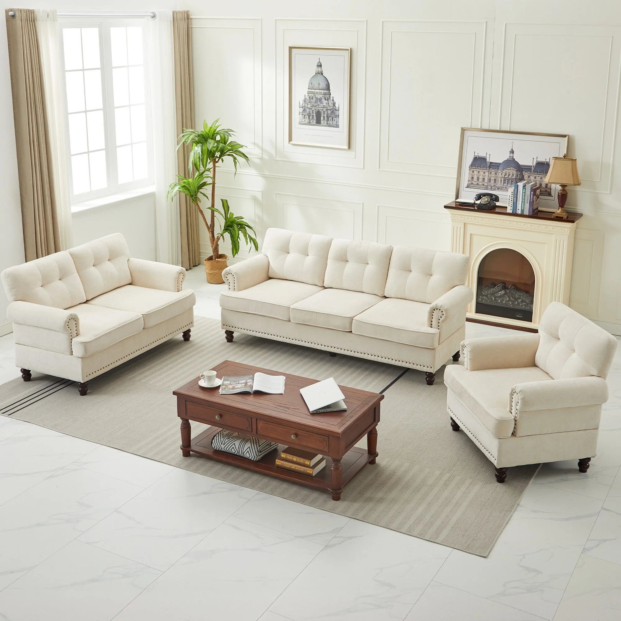 Set of 3 Chenille Sofa Set for Living Room, Button-Tufted & Nailhead Upholstery, Solid Rubberwood Legs