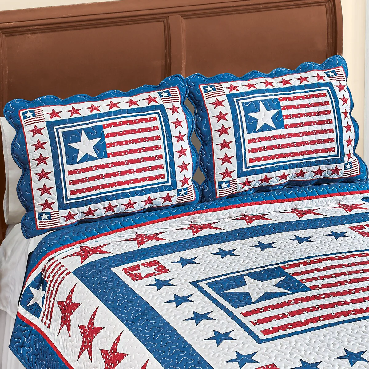 American Stars and Stripes Blue Border Scallop Pillow Sham