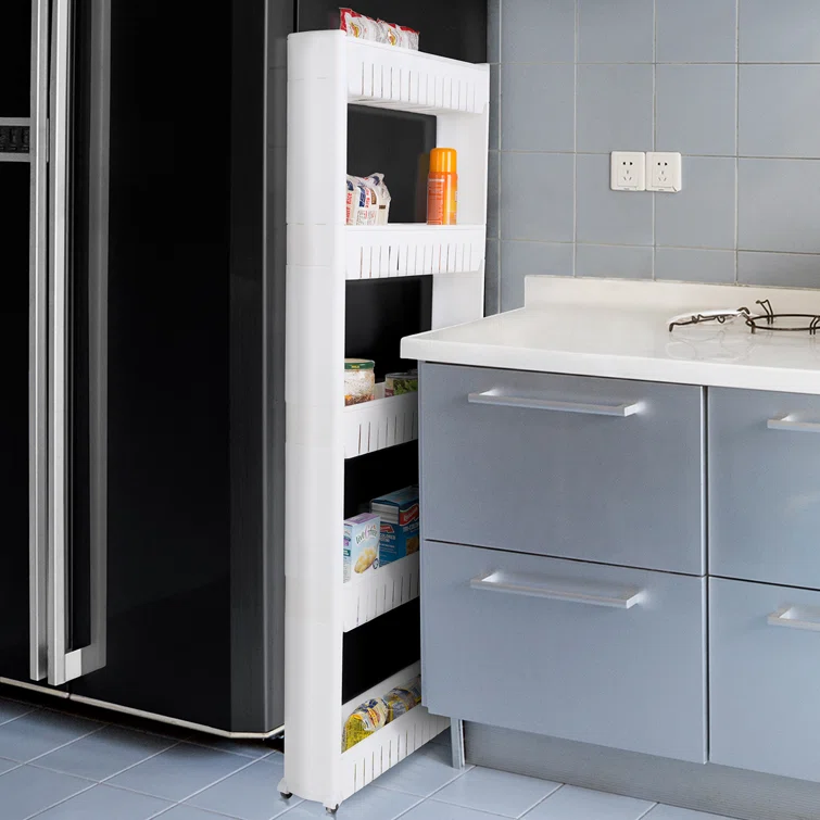 Newcastle 5-Tier Pantry Storage Rack - White Slide-Out Rolling Cart With Baskets for Narrow Spaces