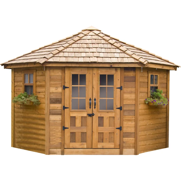 9 ft. W x 9ft. D Penthouse Cedar Wood Garden Shed with French Doors