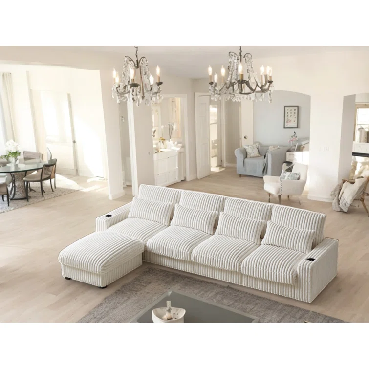 L-shaped Corduroy Sofa With USB Port, T-pyce Port, Movable Footrest, Cup Holder, And Cushions