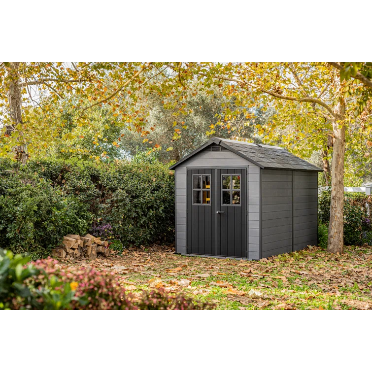 Keter Newton 7.5x11 ft. Durable Resin Outdoor Storage Shed With Floor and Double Doors for Garden Patio Furniture and Tools