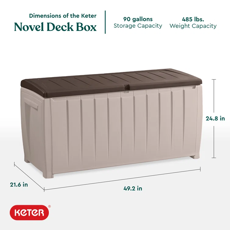 Keter Novel 90 Gallon Durable Resin Outdoor Storage and Organization Deck Box Ideal For Garden Patio Furniture and Supplies