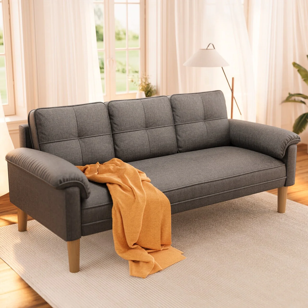 3-Seater Modern Upholstered Sofa, Convertible Sofa, Sofa Bed with Sturdy Wooden Legs for Living Room