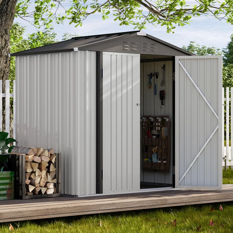 6 ft. W x 4 ft. D Metal Vertical Storage Shed, White&Black