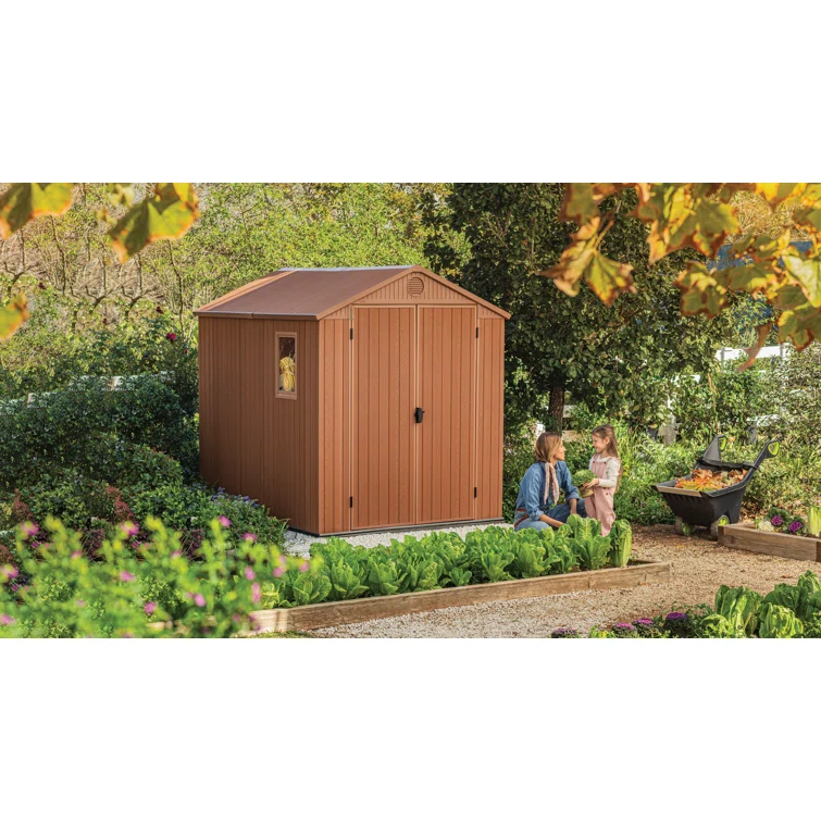 Keter Darwin 4x6 ft. Durable Resin Outdoor Storage Shed With Floor and Double Doors for Garden Patio Furniture and Tools, Brown