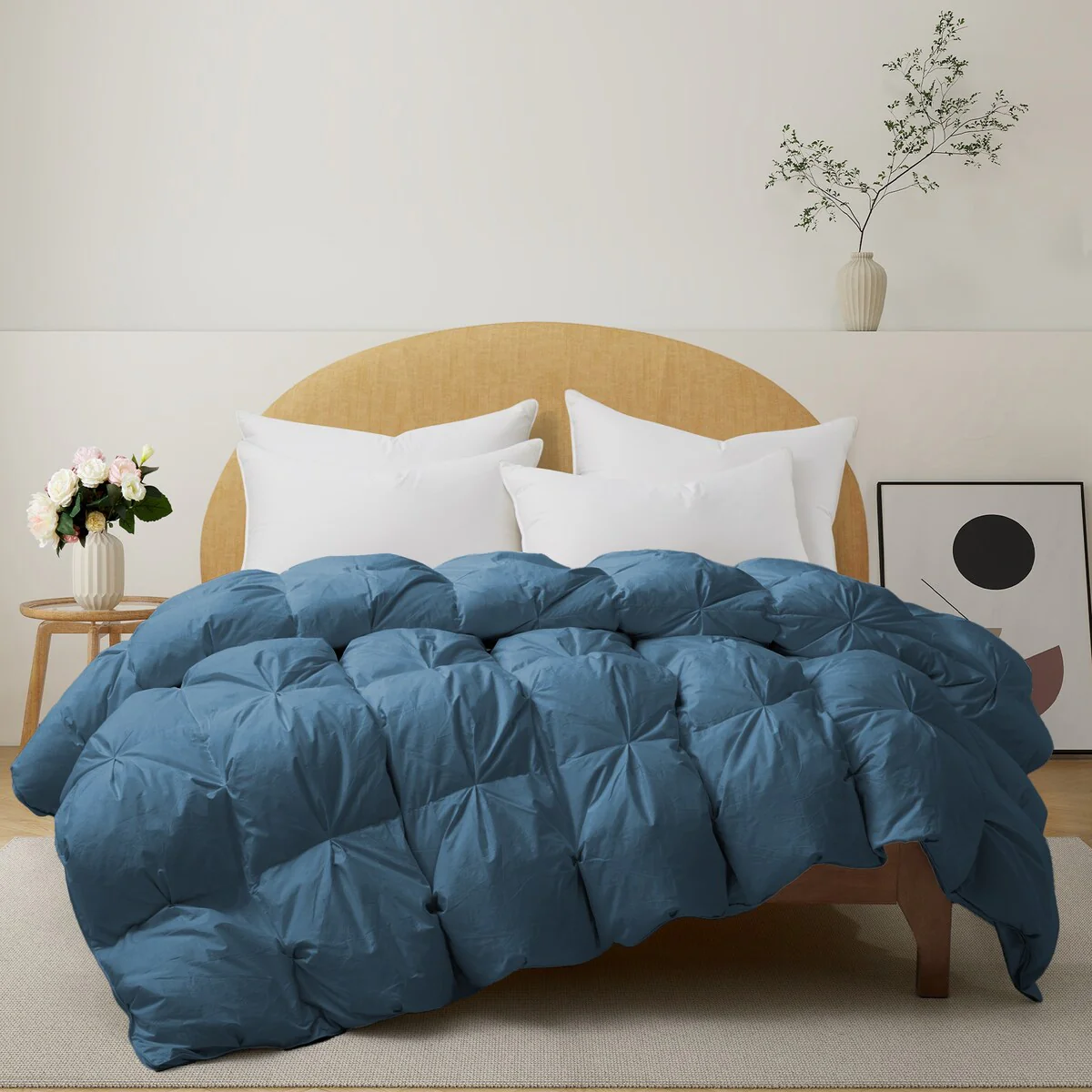 All Season White Goose Feather Down Gusseted Pintuck Pleat Comforter 100% Cotton Cover