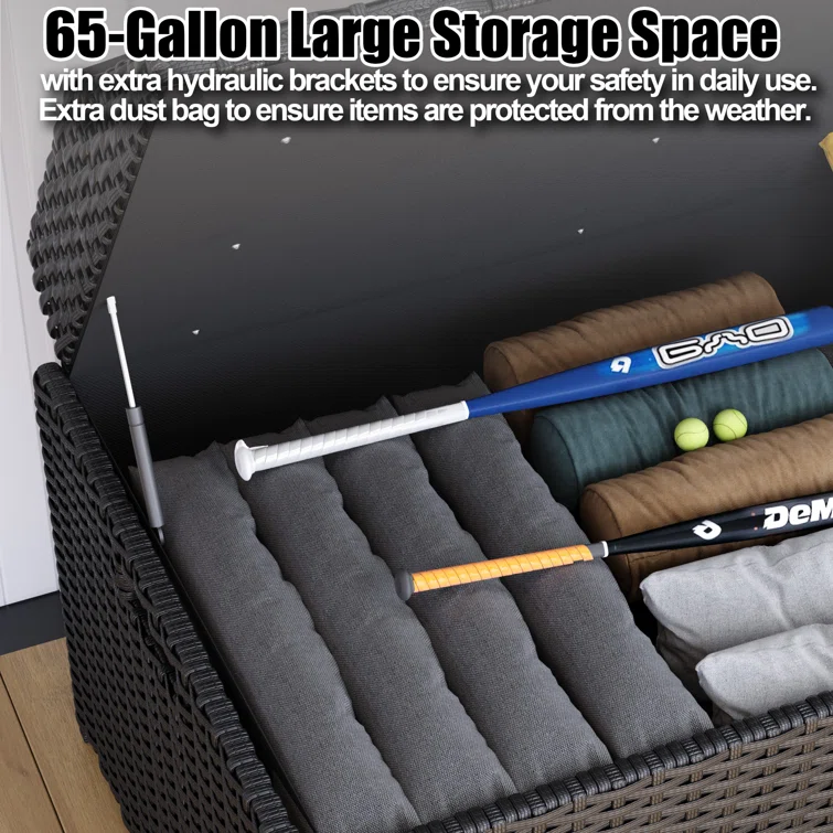 GUNJI 45.2'' W 65 Gallons Water Resistant Rattan Deck Box in Black