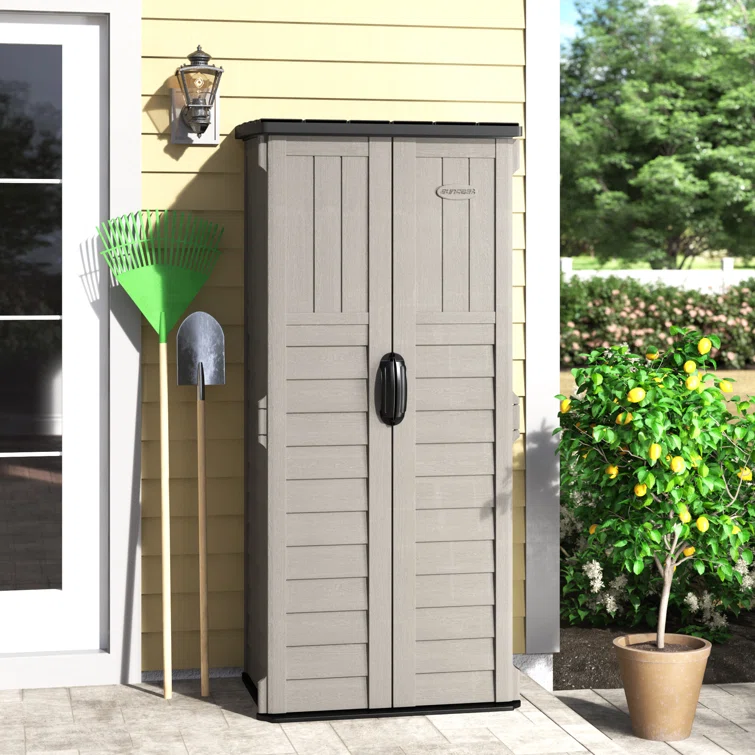 Suncast Outdoor Vanilla 32.25 in. W x 24.75 in. D x 72 in. H Resin Vertical Tool Shed